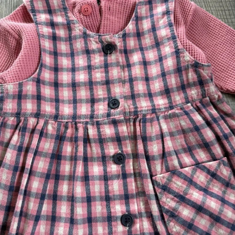 Vtg Lands End 90s Plaid Jumper Dress Girls Toddler 3T Pink Blue Thermal Layered